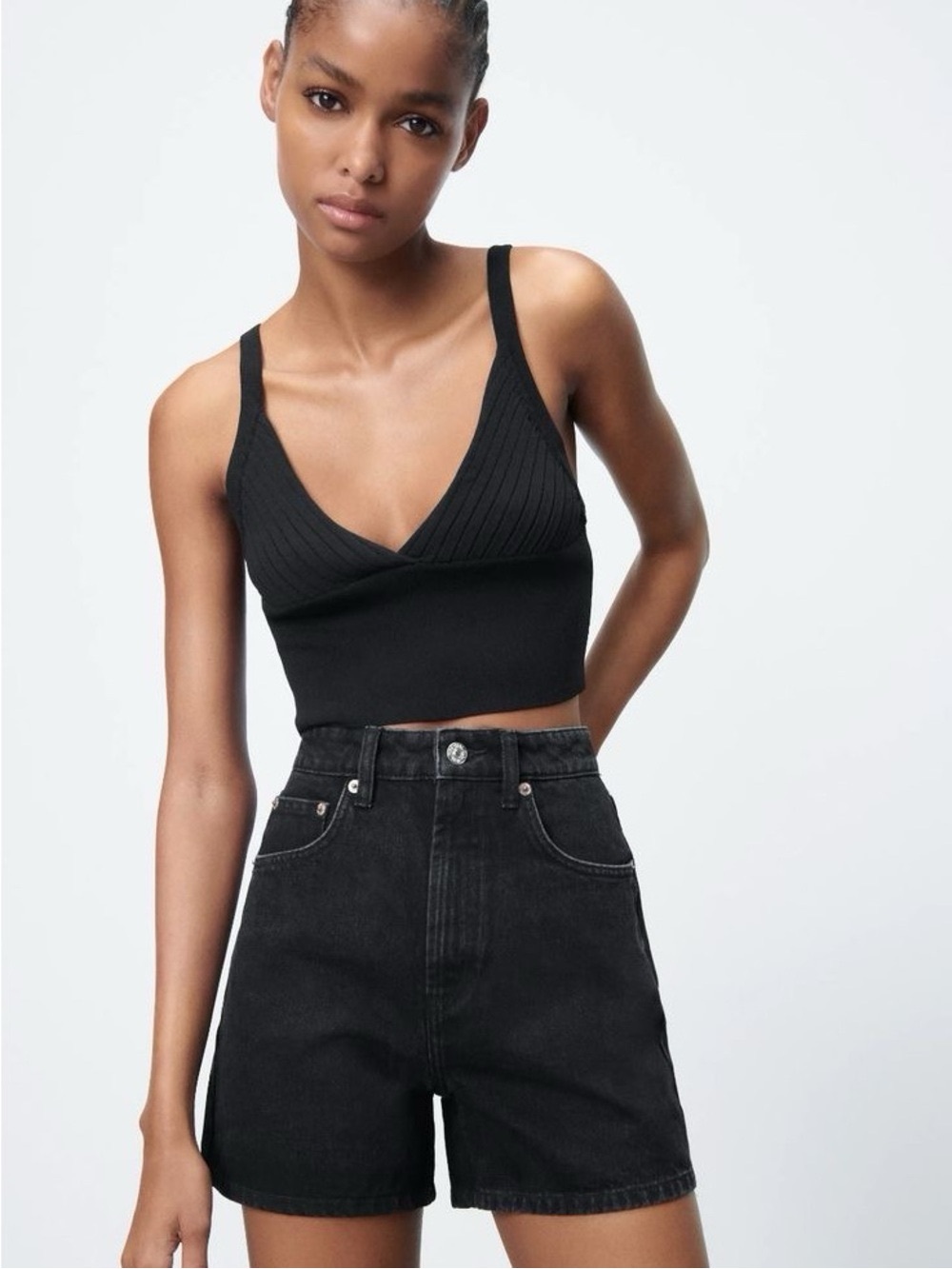 ZARA | High-Waist Black Cotton Denim Mom Shorts